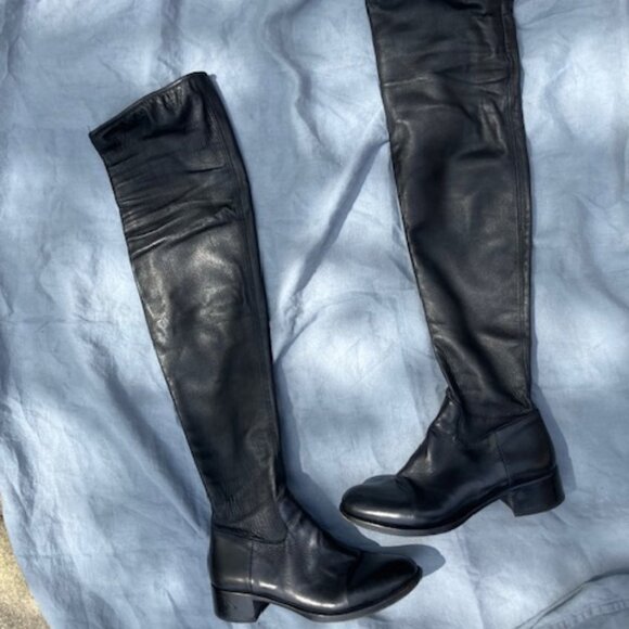 Black PRADA Thigh-High Over the Knee Leather Flat Boots - Picture 10 of 10